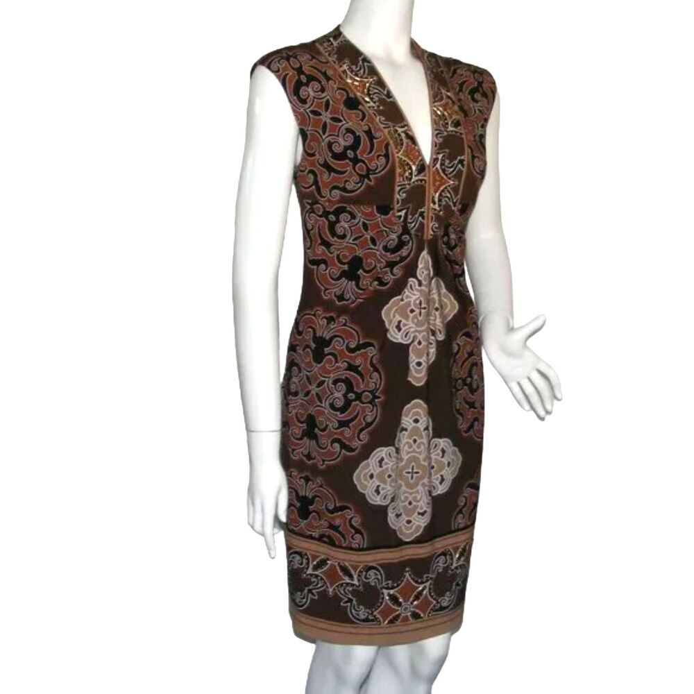 CACHE Dress, 6, Brown/Tan, Sleeveless, V-neck, Embellished, Back zipper - Picture 3 of 14